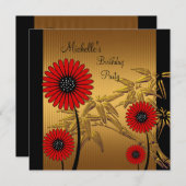 Birthday Party Invitation Red Black Gold Bamboe Kaart (Voorkant / Achterkant)