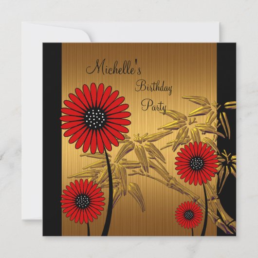 Birthday Party Invitation Red Black Gold Bamboe Kaart (Voorkant)