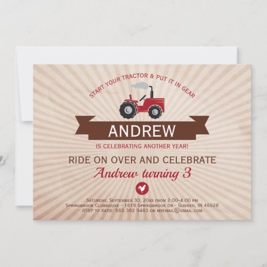 Birthday Party Invitation Red Boerderij Tractor Kaart (Voorkant)
