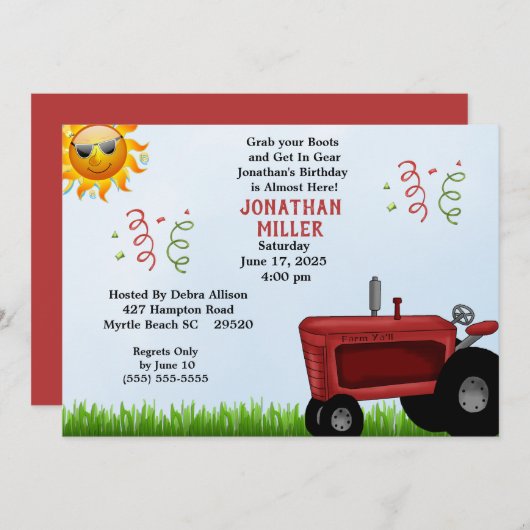 Birthday Party Invitation Red Boerderij Tractor Kaart (Voorkant / Achterkant)