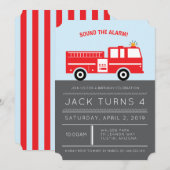 Birthday Party Invitation Red Fire Engine Kaart (Voorkant / Achterkant)