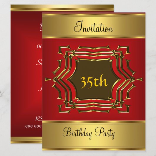 Birthday Party Invitation Red Gold Kaart (Voorkant / Achterkant)