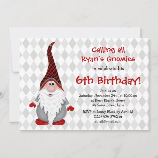 Birthday Party Invitation Red Gray Gnome Kids Kaart (Voorkant)