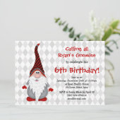 Birthday Party Invitation Red Gray Gnome Kids Kaart (Staand voorkant)
