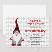 Birthday Party Invitation Red Gray Gnome Kids Kaart (Voorkant / Achterkant)