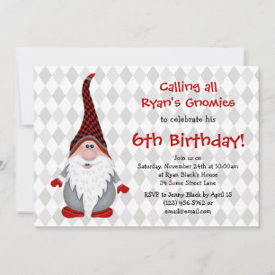 Birthday Party Invitation Red Gray Gnome Kids Kaart