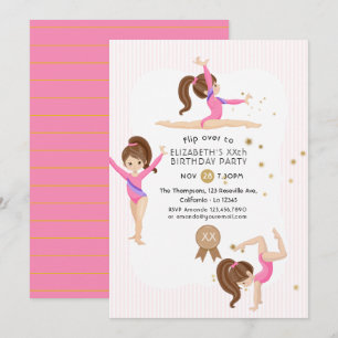 Birthday Party Invitation roze and Gold Gymnastics Kaart