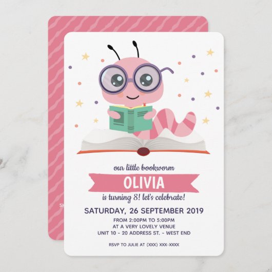 Birthday Party Invitation roze Bookworm Book Kaart (Voorkant / Achterkant)