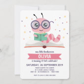 Birthday Party Invitation roze Bookworm Book Kaart (Voorkant)