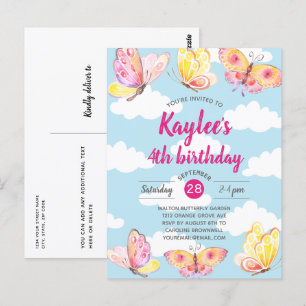 Birthday Party Invitation roze Girls Butterfly Briefkaart