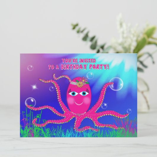 Birthday Party Invitation, Sassy Octopus Kaart (Staand voorkant)