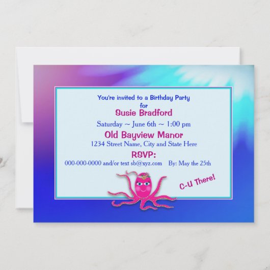 Birthday Party Invitation, Sassy Octopus Kaart (Achterkant)