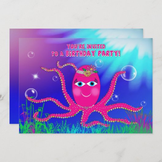 Birthday Party Invitation, Sassy Octopus Kaart (Voorkant / Achterkant)