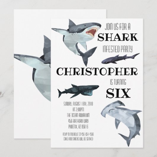 Birthday Party Invitation Shark Pool Swimming Kaart (Voorkant / Achterkant)