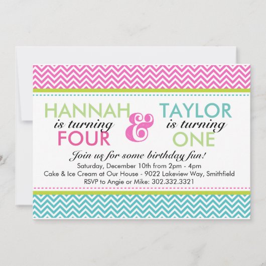 Birthday Party Invitation Sibling Chevron Kaart (Voorkant)