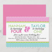 Birthday Party Invitation Sibling Chevron Kaart (Voorkant / Achterkant)