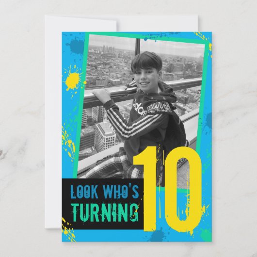 Birthday Party Invitation Splats 10th Blue Kaart (Voorkant)