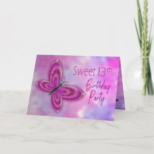Birthday Party Invitation, Sweet 13th, Butterfly Kaart