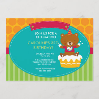 Birthday Party Invitation Teddy Bear and Cake Kaart
