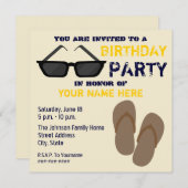 Birthday Party Invitation Teenslippers & Sunbril Kaart (Voorkant / Achterkant)