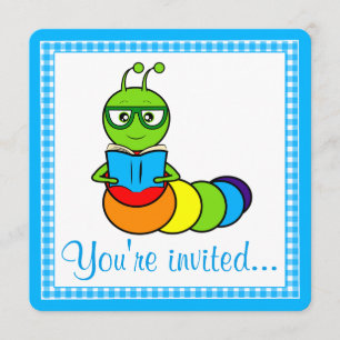 Birthday Party Invitation with Cartoon Bookworm Kaart