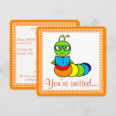 Birthday Party Invitation with Cartoon Bookworm Kaart (Voorkant / Achterkant)