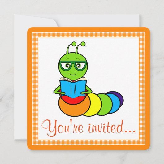 Birthday Party Invitation with Cartoon Bookworm Kaart (Voorkant)