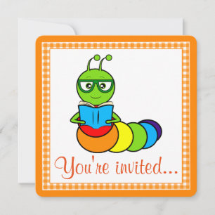 Birthday Party Invitation with Cartoon Bookworm Kaart