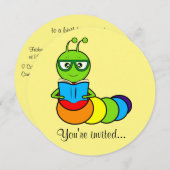 Birthday Party Invitation with Cartoon Bookworm Kaart (Voorkant / Achterkant)