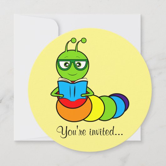 Birthday Party Invitation with Cartoon Bookworm Kaart (Voorkant)