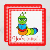Birthday Party Invitation with Cartoon Bookworm Kaart (Voorkant / Achterkant)