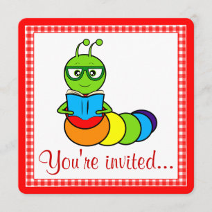 Birthday Party Invitation with Cartoon Bookworm Kaart