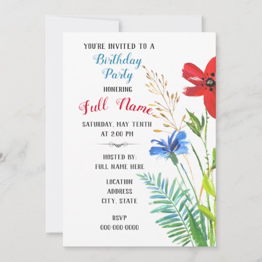 Birthday Party Invitation with Waterverf Flowers Kaart (Voorkant)