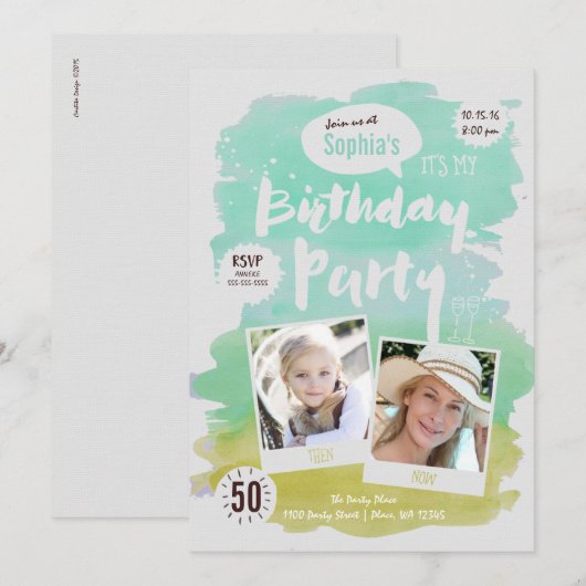 Birthday Party Invitation Women Waterverf Kaart (Voorkant / Achterkant)