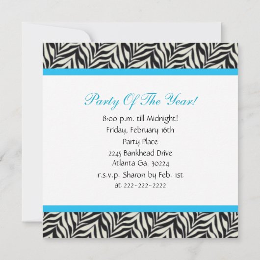 Birthday party Invitation Zebra Print Sign Kaart (Achterkant)
