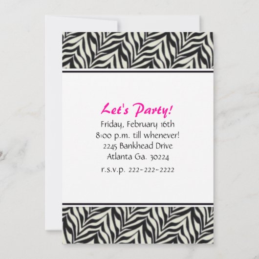 Birthday party Invitation Zebra Print Sign Kaart (Achterkant)
