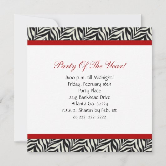 Birthday party Invitation Zebra Print Sign Kaart (Achterkant)
