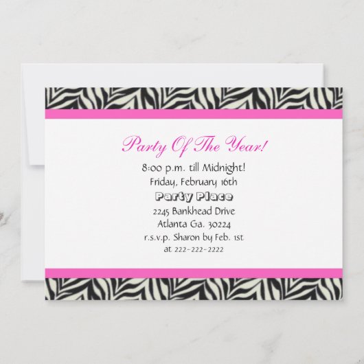 Birthday party Invitation Zebra Print Sign Kaart (Achterkant)