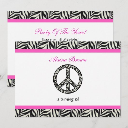 Birthday party Invitation Zebra Print Sign Kaart (Voorkant / Achterkant)