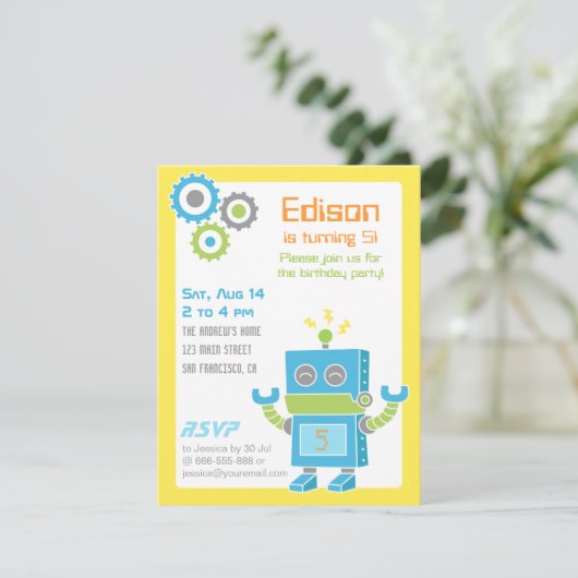 Birthday Party Invitations Colorful Cute Robot Kaart (Staand voorkant)