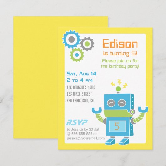 Birthday Party Invitations Colorful Cute Robot Kaart (Voorkant / Achterkant)