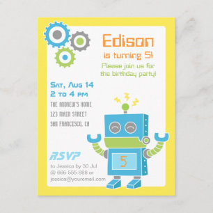 Birthday Party Invitations Colorful Cute Robot Kaart