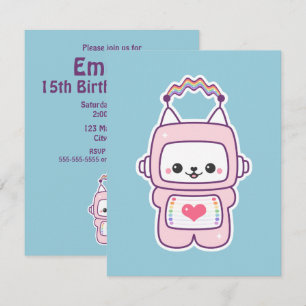 Birthday Party Invitations Cute Pink Robot Kaart