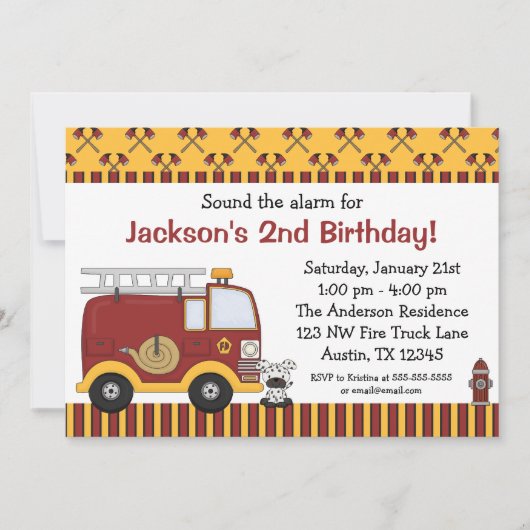 Birthday Party Invitations Fire Truck Red Stripes Kaart (Voorkant)