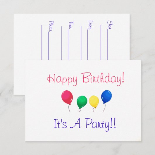 Birthday Party Invitations Kaart (Voorkant / Achterkant)