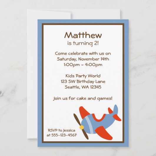 Birthday Party Invitations Red and Blue Airplane Kaart (Voorkant)