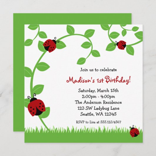 Birthday Party Invitations Red Ladybug Vines Kaart (Voorkant / Achterkant)