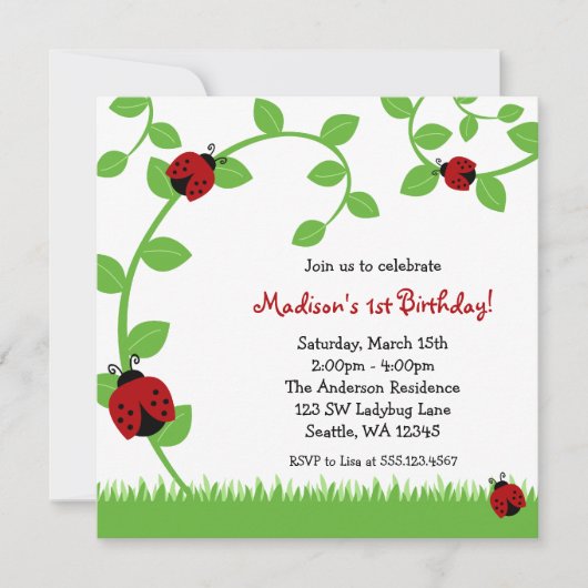 Birthday Party Invitations Red Ladybug Vines Kaart (Voorkant)