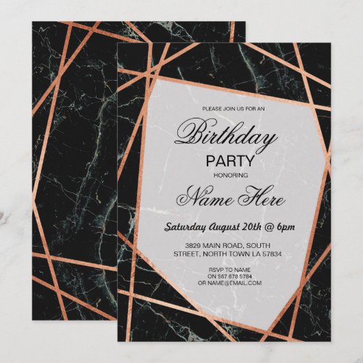 Birthday Party Invite Black Marble Roos Gold 21st Kaart (Voorkant / Achterkant)