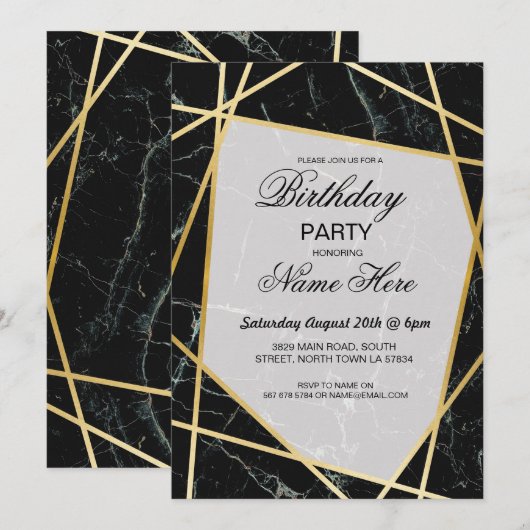 Birthday Party Invite Elegant Black Marble Gold 40 Kaart (Voorkant / Achterkant)